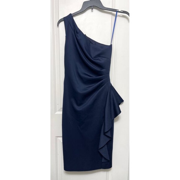 Xscape Carrie Techno Scuba One Shoulder Knee Length Ruffle Dress Blue 6 - Picture 5 of 11
